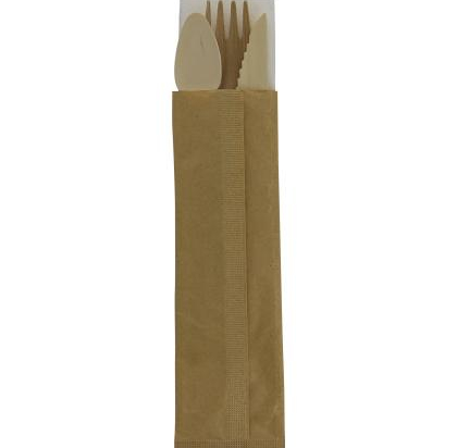 Sachet couvert bois 4/1 (couteau, fourchette, cuillère 125, serviette) (200x58mm) sachet papier (x250)