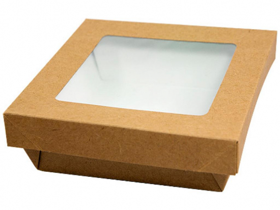 Boite carrée "Uni Brown" en carton kraft brun avec fenêtre et couvercle (240x240x50mm) [100 (4x25)]