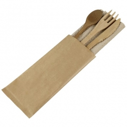 Kit 3 pièces couverts bambou sac kraft et serviette sachet (100U) - SOLIA