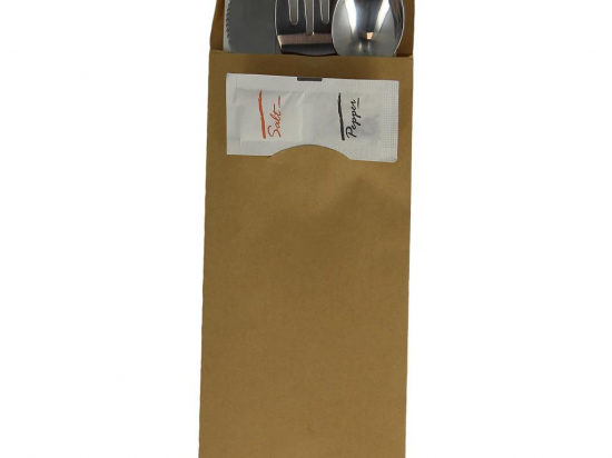 Kit couvert inox 6/1 (couteau, fourchette, cuillère, serviette, sel et poivre) (195x85mm) (x100)
