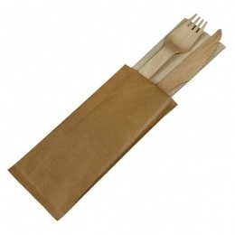 Kit 2 pièces couverts bois et serviette sachet (100U) - SOLIA