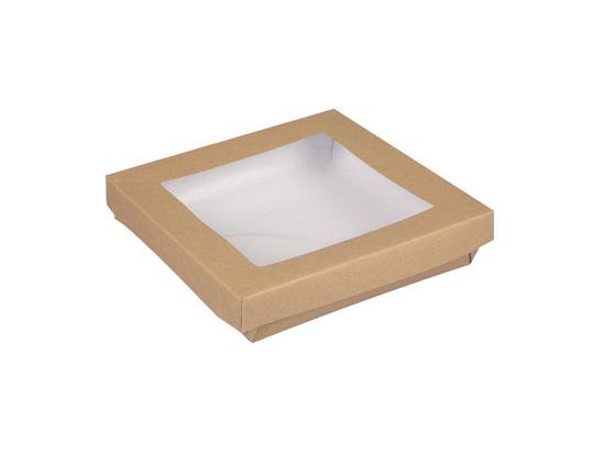 Boite carton kraft brun avec couvercle + fenêtre 1500ml (185x185x40mm) avec PE (x100)