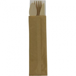 Sachet couvert bois 4/1 (couteau, fourchette, cuillère 125, serviette) (200x58mm) sachet papier (x250)