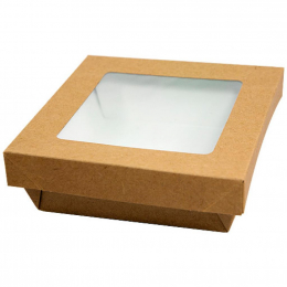 Boite carrée "Uni Brown" en carton kraft brun avec fenêtre et couvercle (240x240x50mm) [100 (4x25)]