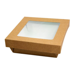 Boite carton kraft brun avec couvercle + fenêtre 420ml (95x95x40mm) avec PE (x150)