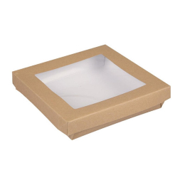 Boite carton kraft brun avec couvercle + fenêtre 1500ml (185x185x40mm) avec PE (x100)