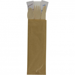 Kit couvert 6/1 bois (couteau, fourchette, cuillère, serviette, sel et poivre) (200x66mm) (x250)